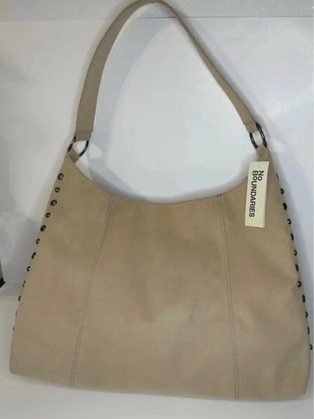 No Boundaries Taupe Shoulder Hobo Bag with Stud Accents